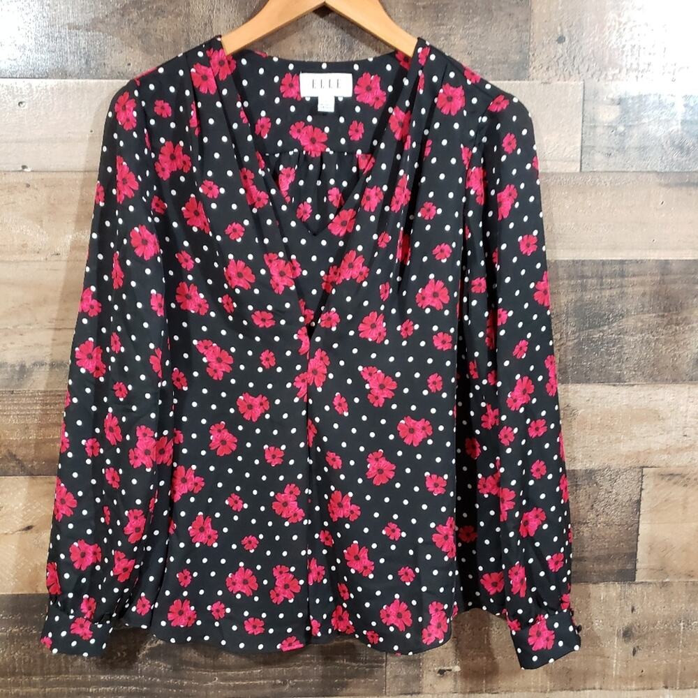Elle floral & polka dot‎ print v-neck long sleeve blouse woman's size medium